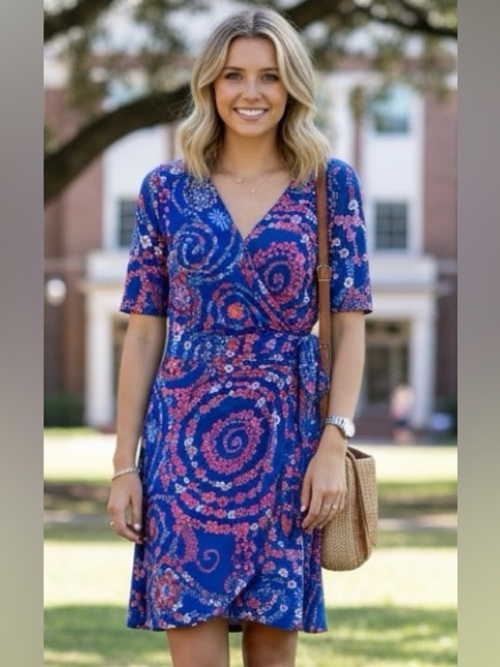 Lilly Pulitzer Vibrant Blue Adjustable Wrap Midi Dress Pink Floral Swirl